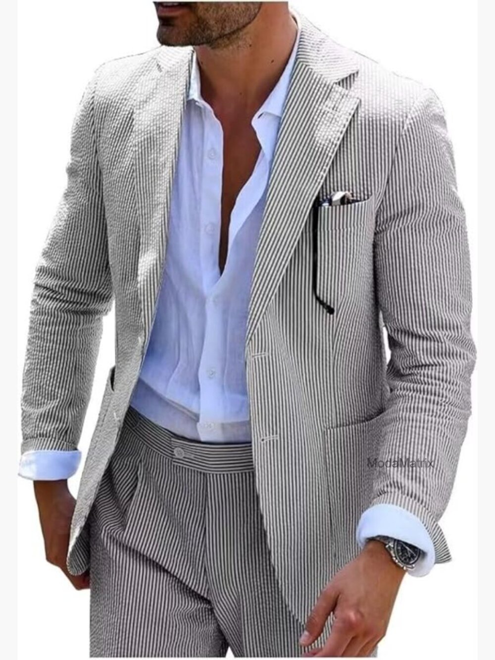 Seersucker Summer Suit Groom Wedding Slim Fit Formal Suit Set